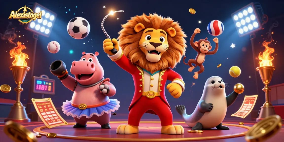 Alexistogel menghadirkan hiburan kasino dengan singa ringmaster 3D, badak, dan monyet dalam ilustrasi menakjubkan.
