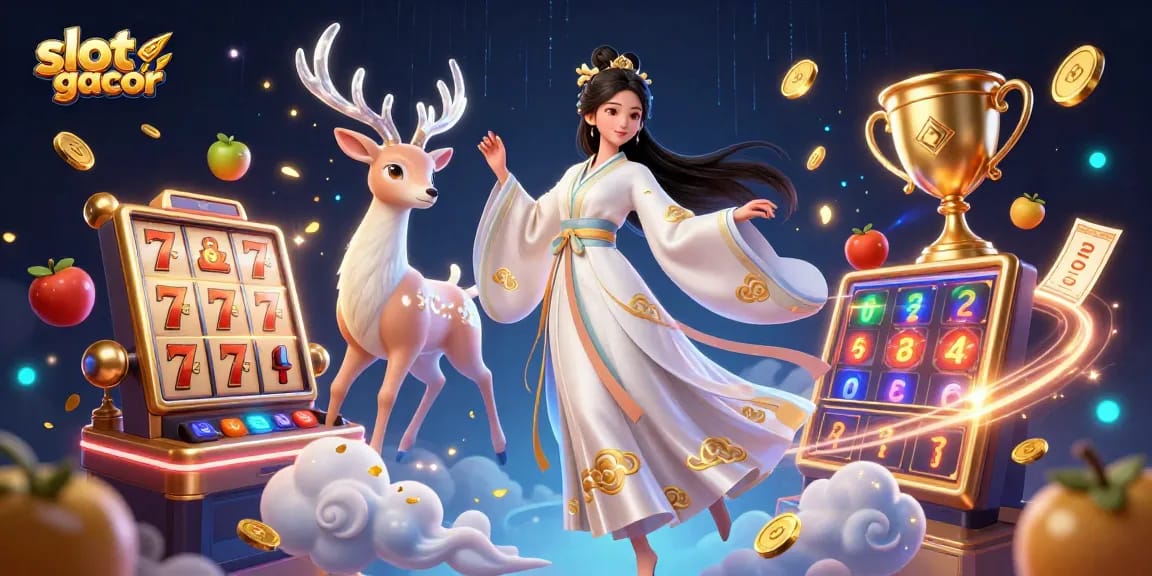 Play slot gacor in a dynamic, vibrant 3D illustration showcasing exciting gaming elements.