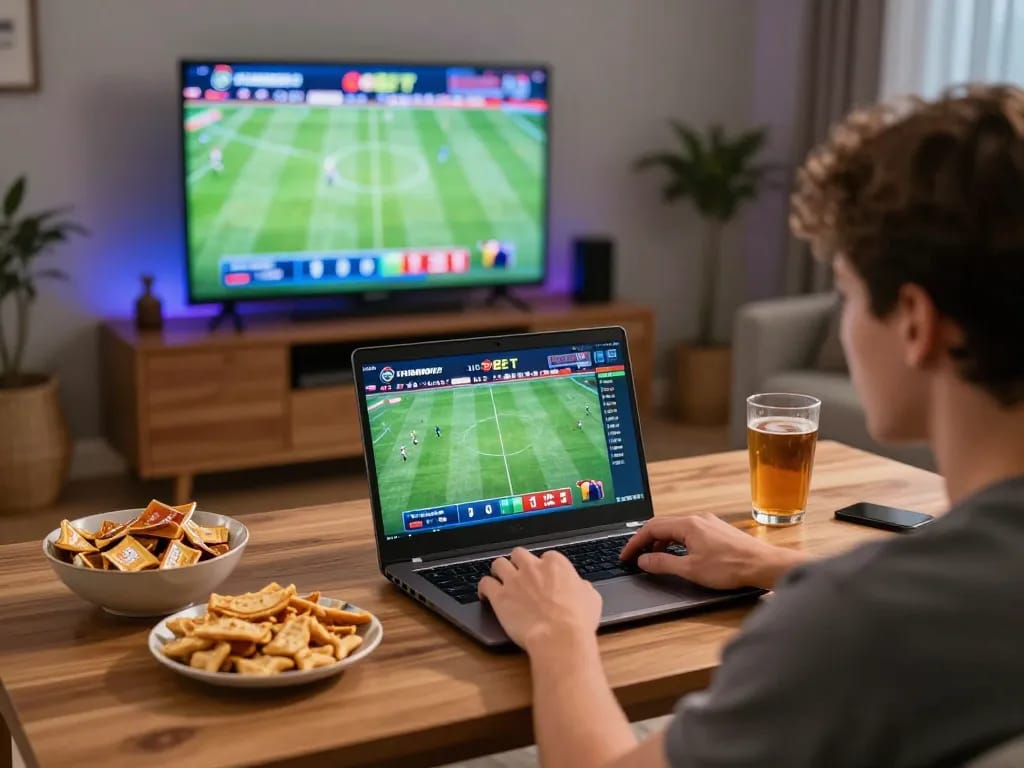 Soi Kèo betting action at home during live sports events with focused player and exciting atmosphere.