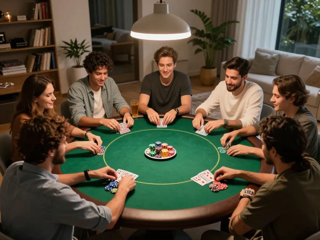 Friends enjoying a poker game night with tg88 branding visible, capturing a lively home gaming atmosphere.