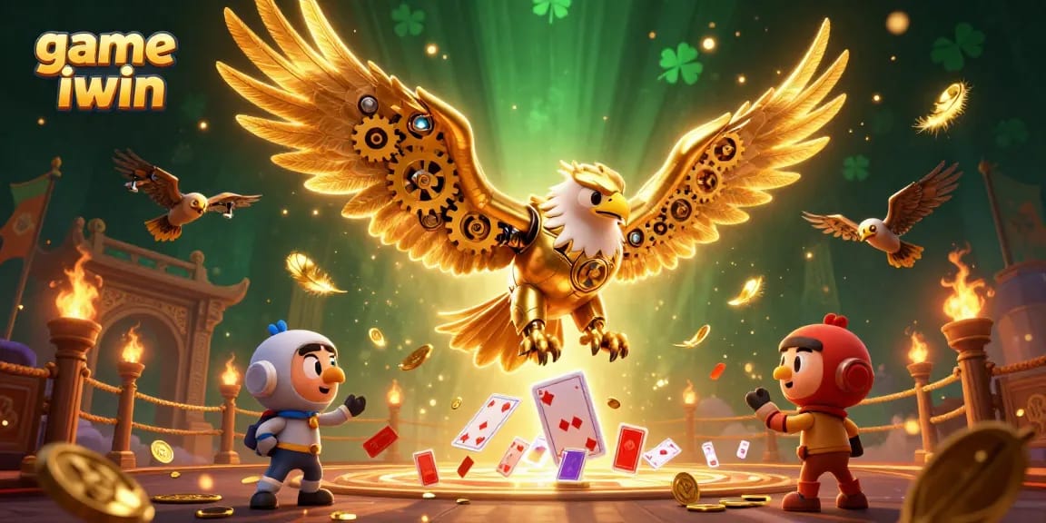 Experience the thrill of game iwin as the golden eagle dives through vibrant holographic cards in a rich casino scene.