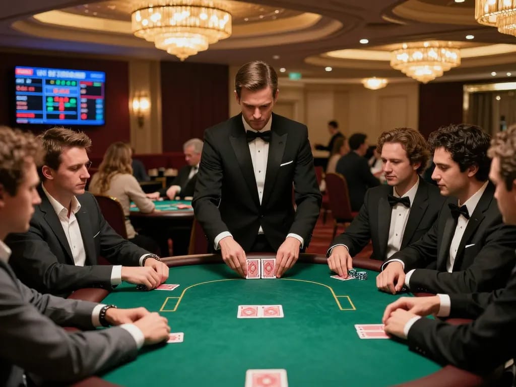Players engaging in a tense poker game at okwin's luxury casino, showcasing excitement and strategy.