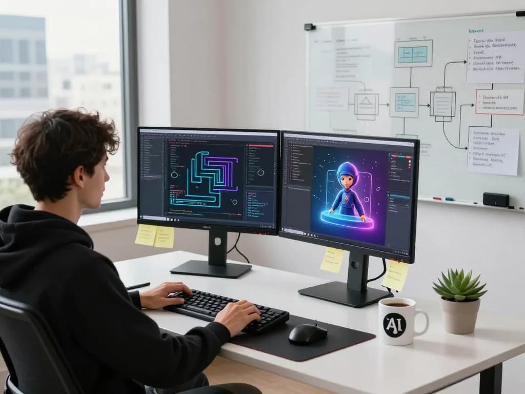 Dynamic workspace showcasing juicy ai development with coding interfaces and vibrant design elements