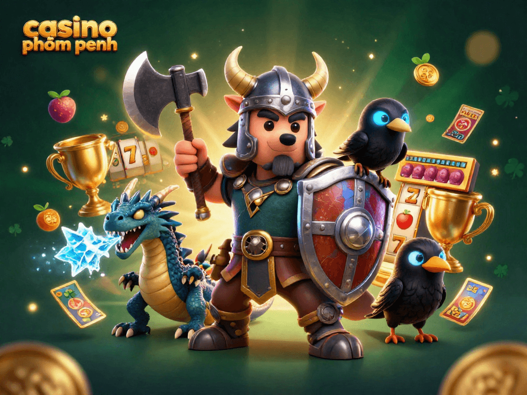 Engage in thrilling gameplay at casino phnom penh with a 3D Viking warrior and dragon amidst slot reels.