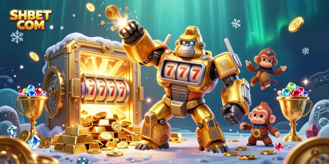 Experience thrilling jackpots with SHBET COM's explosive 3D gorilla mech and treasure vault illustration.
