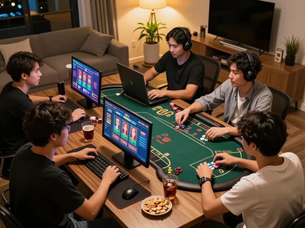 Kuwin players enjoying dynamic online games in a cozy home setting, engaging with vibrant poker and slot visuals.