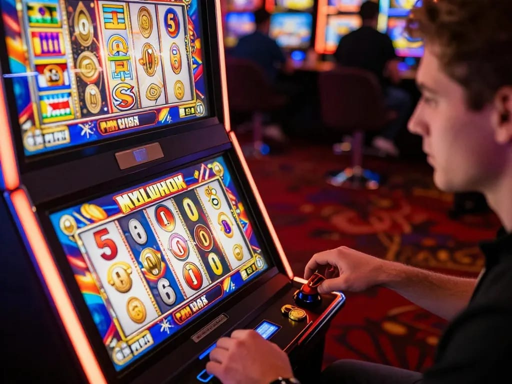 Player wins big on kdslot77 slot machine, celebrating a jackpot victory in a vibrant casino.