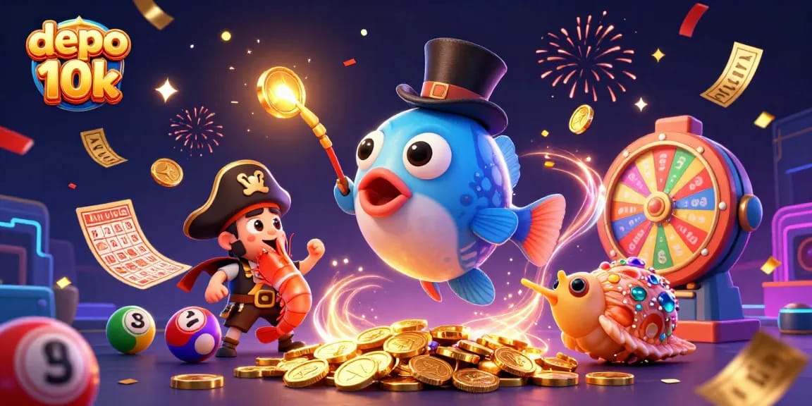 Win big with depo 10k in this vibrant 3D illustration of a captivating underwater casino scene.