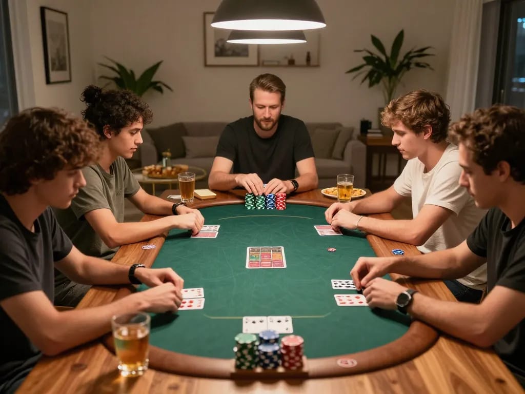 Pemain menikmati malam poker yang meriah di rumah dengan tips strategi aman788 untuk menang.