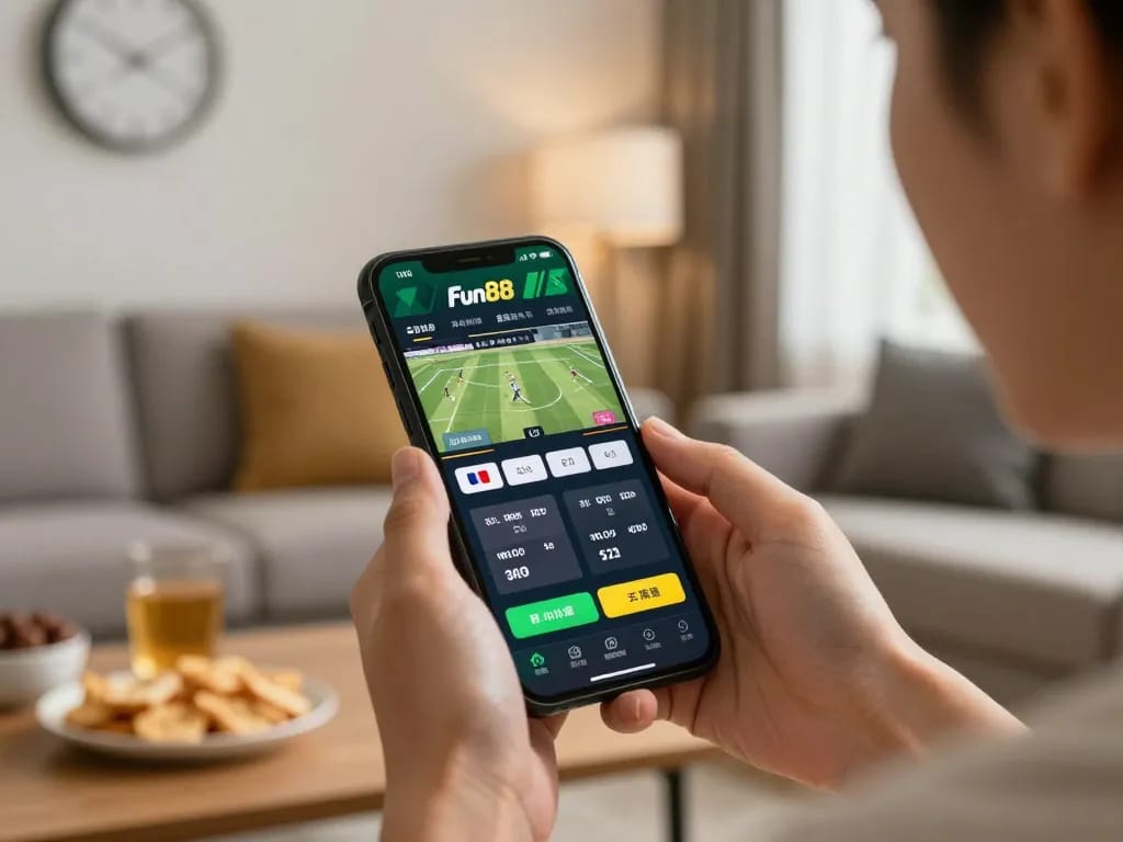 Placing a sports bet on the Fun88 app with a live match display on a smartphone