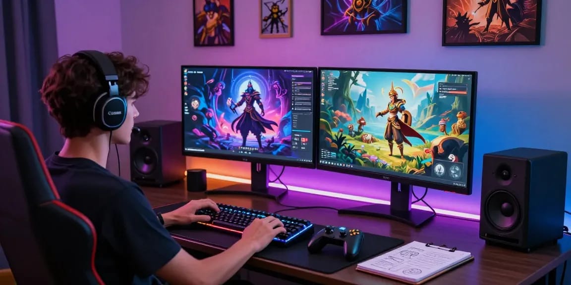 AI roleplay user immersed in creative gaming setup with colorful monitors and character designs.