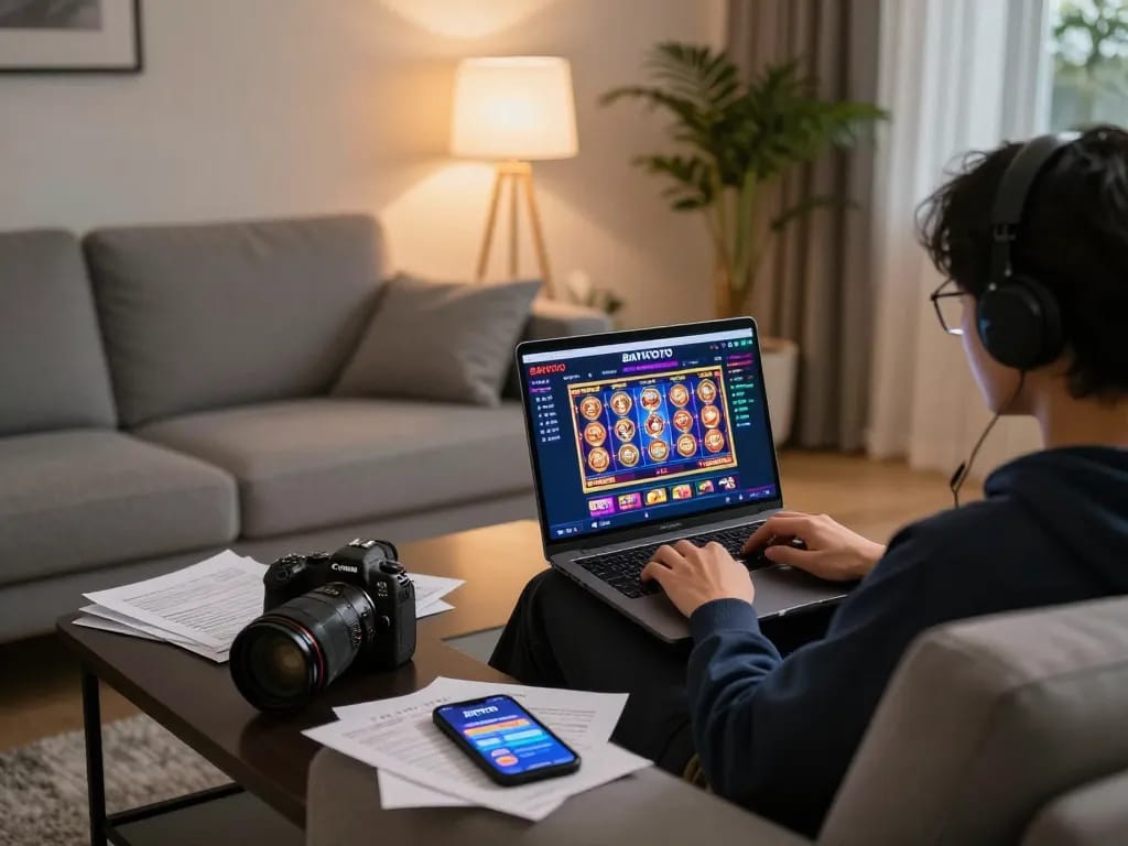 Orang menikmati pengalaman permainan online BAYITOTO di laptop di ruang tamu yang nyaman dan bergaya