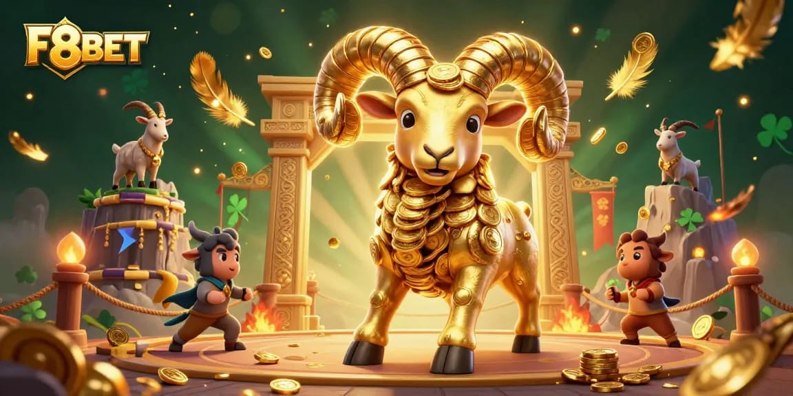 Experience thrilling action with F8BET as the golden ram charges triumphantly in a vibrant casino arena.