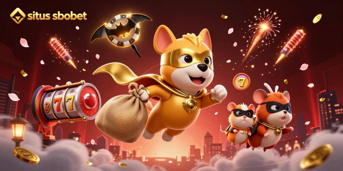 Situs sbobet showcases a superhero dog flying with gold coins, surrounded by vibrant casino elements.