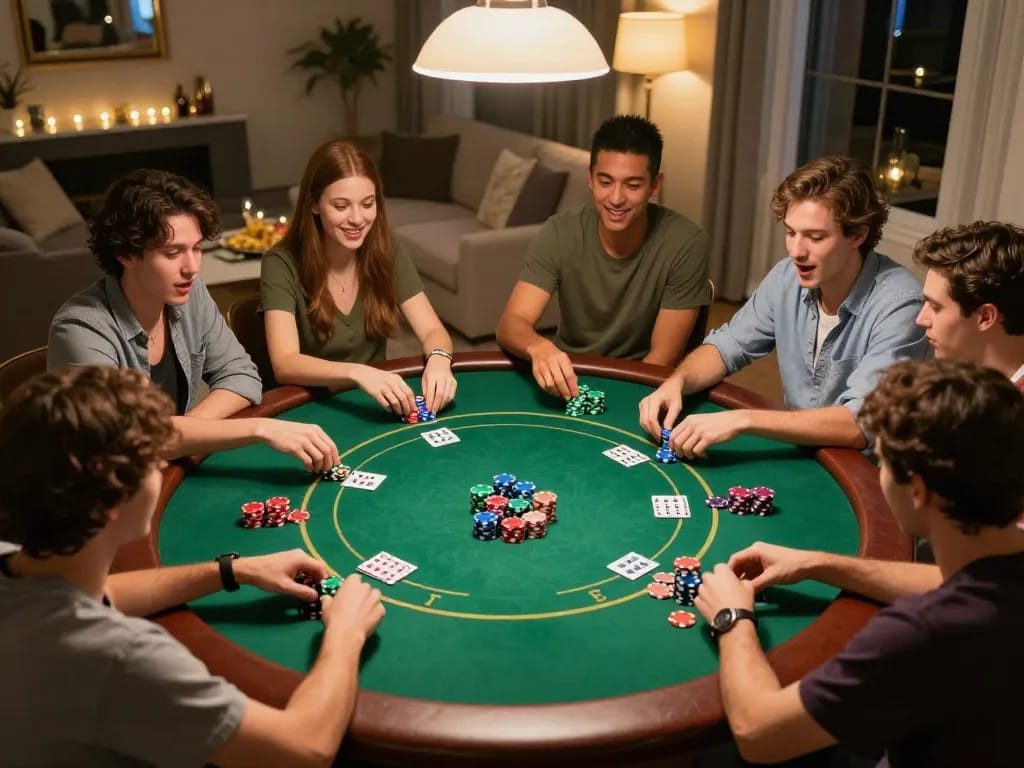 Friends enjoying poker game at home, showcasing vibrant poker chips with botanicabali atmosphere.