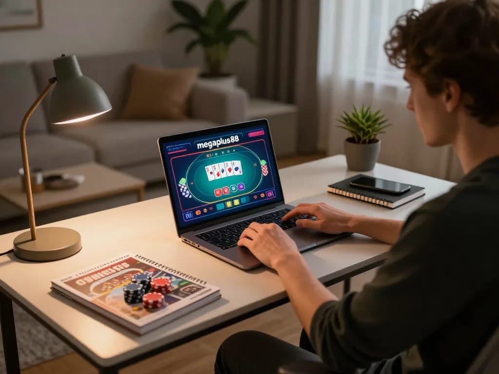 Engaging gameplay on megaplus88 online casino from a cozy home setup, showcasing poker betting action.