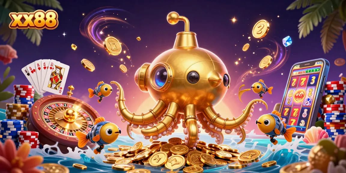 Experience thrilling wins at xx88 with a vibrant underwater casino scene featuring gold coins and dynamic gaming elements.