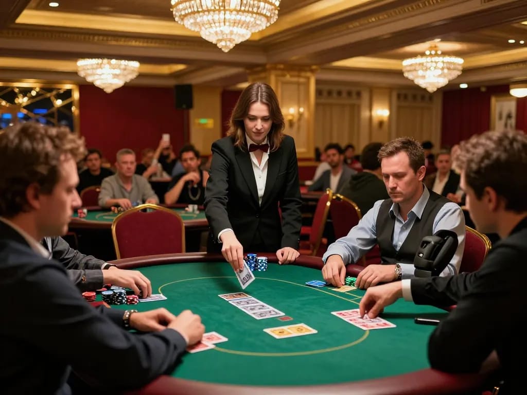 Hay88 poker tournament scene with players strategizing at green felt tables in an upscale casino.