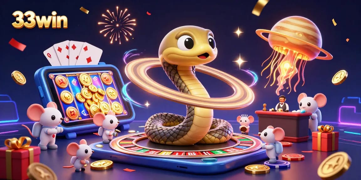 33win engages gamblers with a dynamic scene featuring betting mice on a cosmic roulette wheel surrounded by exciting game elements.