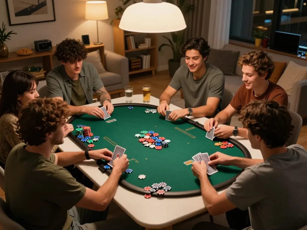Poker players enjoying a game night with friends while using nego77 for online strategy tips.
