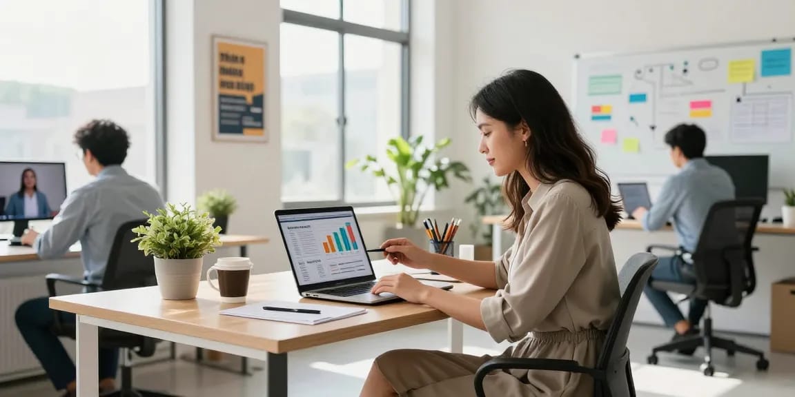 Entrepreneur at a modern small business office reviewing marketing strategies and reports.