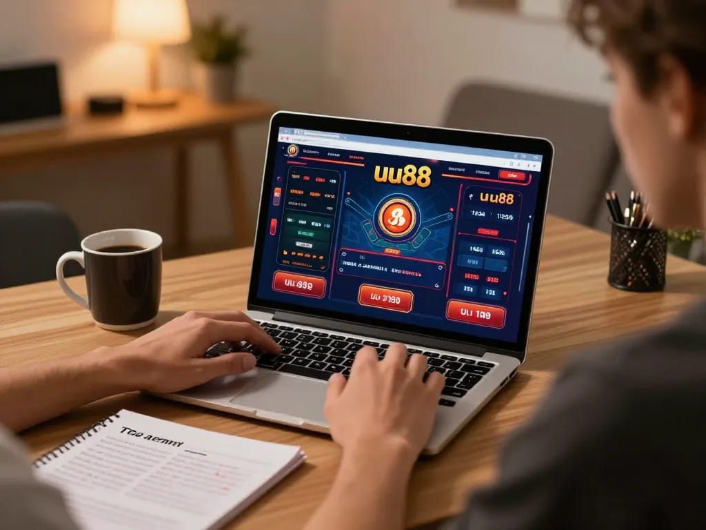 Player enjoying uu88 online gaming with laptop and strategy notes during a cozy home session.