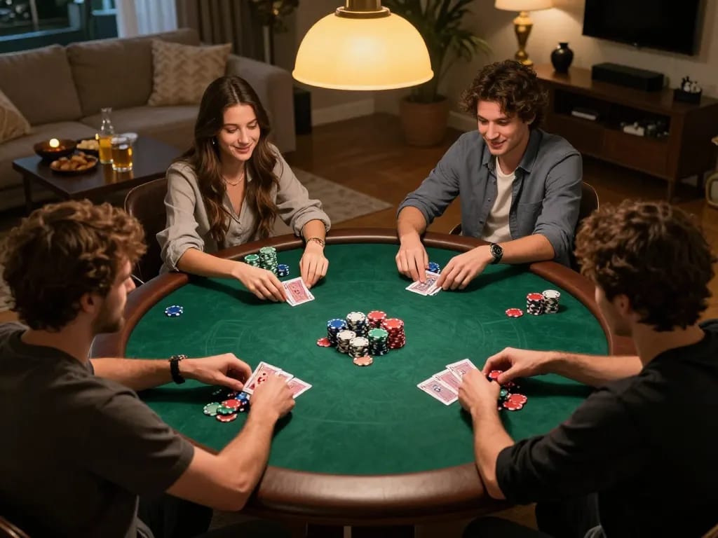 Players enjoying a dynamic poker game at home, showcasing uu88ae's thrilling gambling experience.