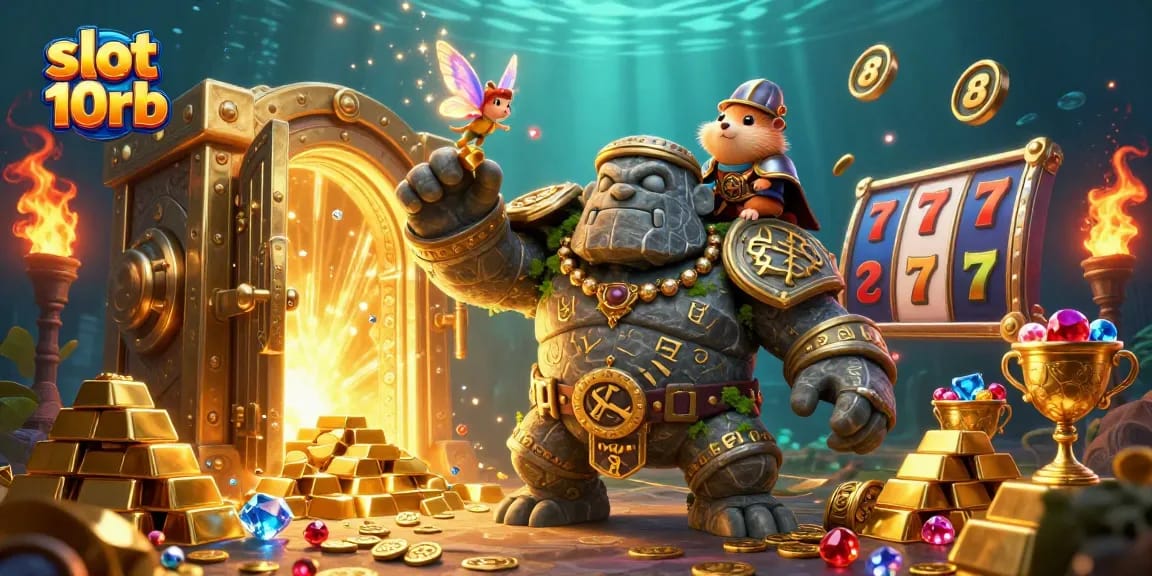 Join the adventure in this slot 10rb scene featuring a golem guardian and treasure.