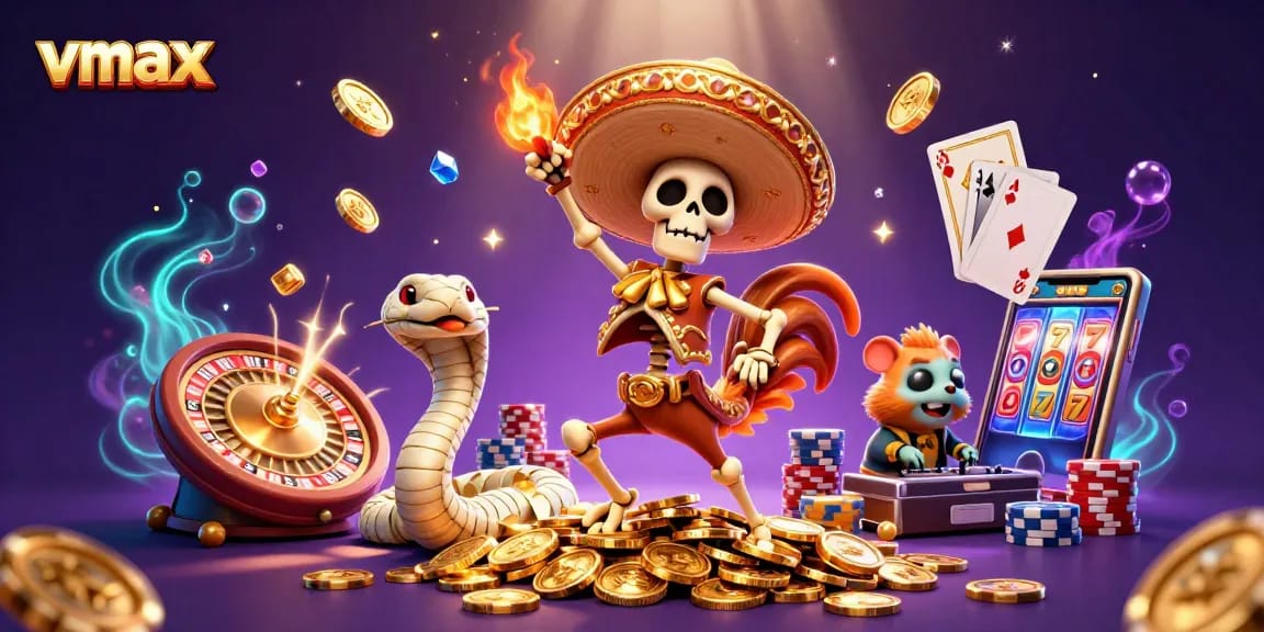 Experience vmax gaming excitement with a vibrant 3D casino scene bursting with dynamic winnings.