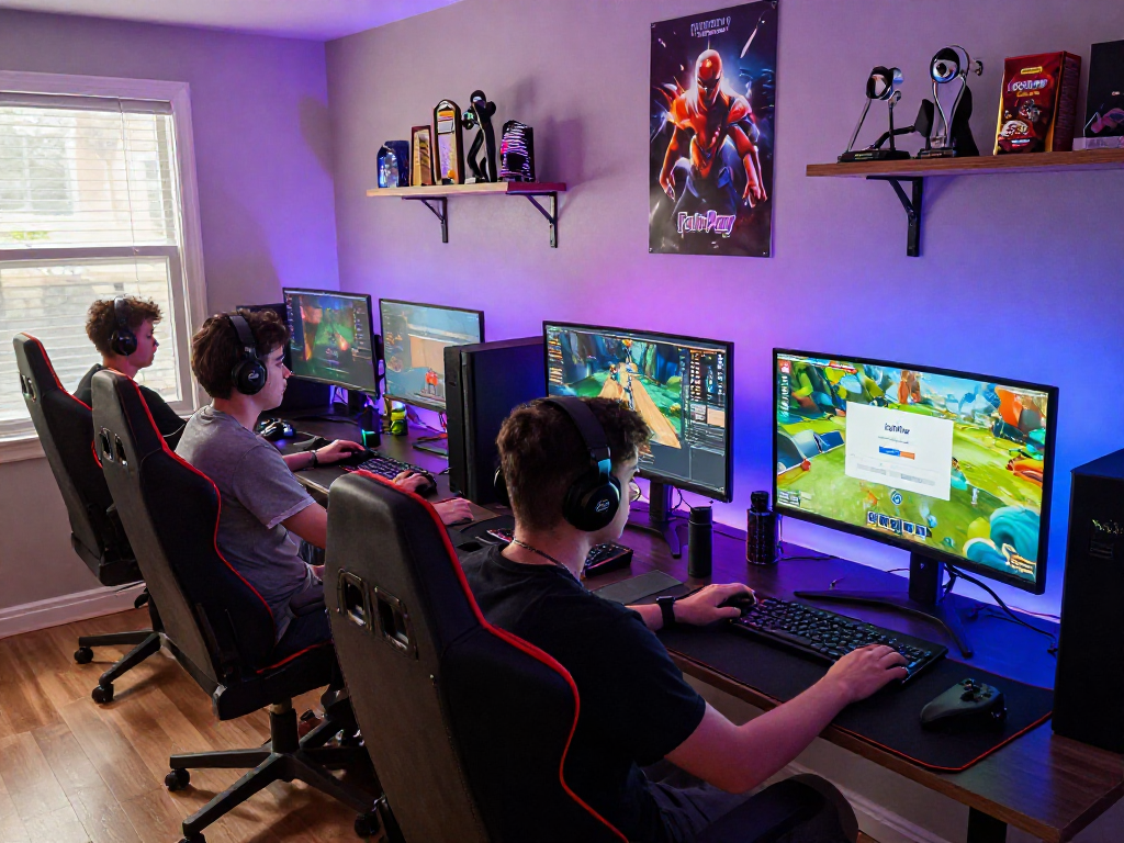 Interactive gaming session highlighting FairPlay login on a monitor with enthusiastic players in a vibrant home office.