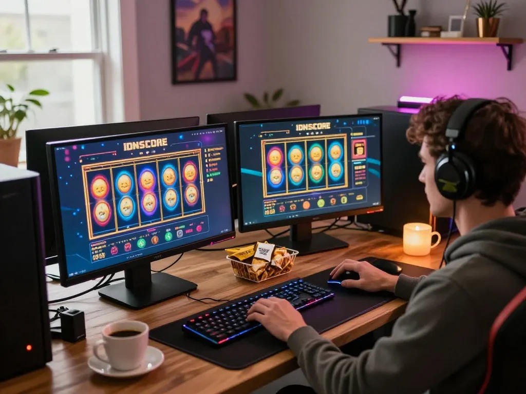 IDNSCORE online gaming session featuring colorful slots and organized workspace for strategic gameplay.
