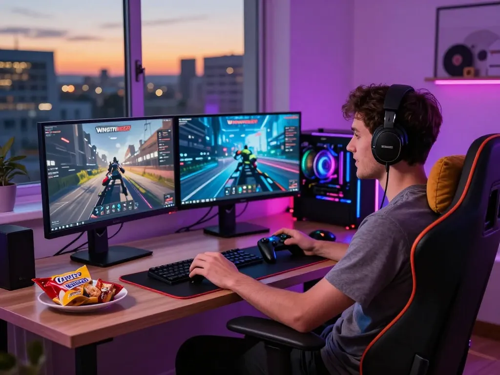 Engaging Winstrike69 gaming session with monitors and snacks in a modern setup