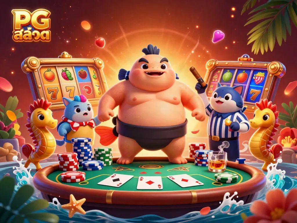 Experience the excitement of PG สล็อต with dynamic slot reels and vibrant casino elements in a lively underwater scene.