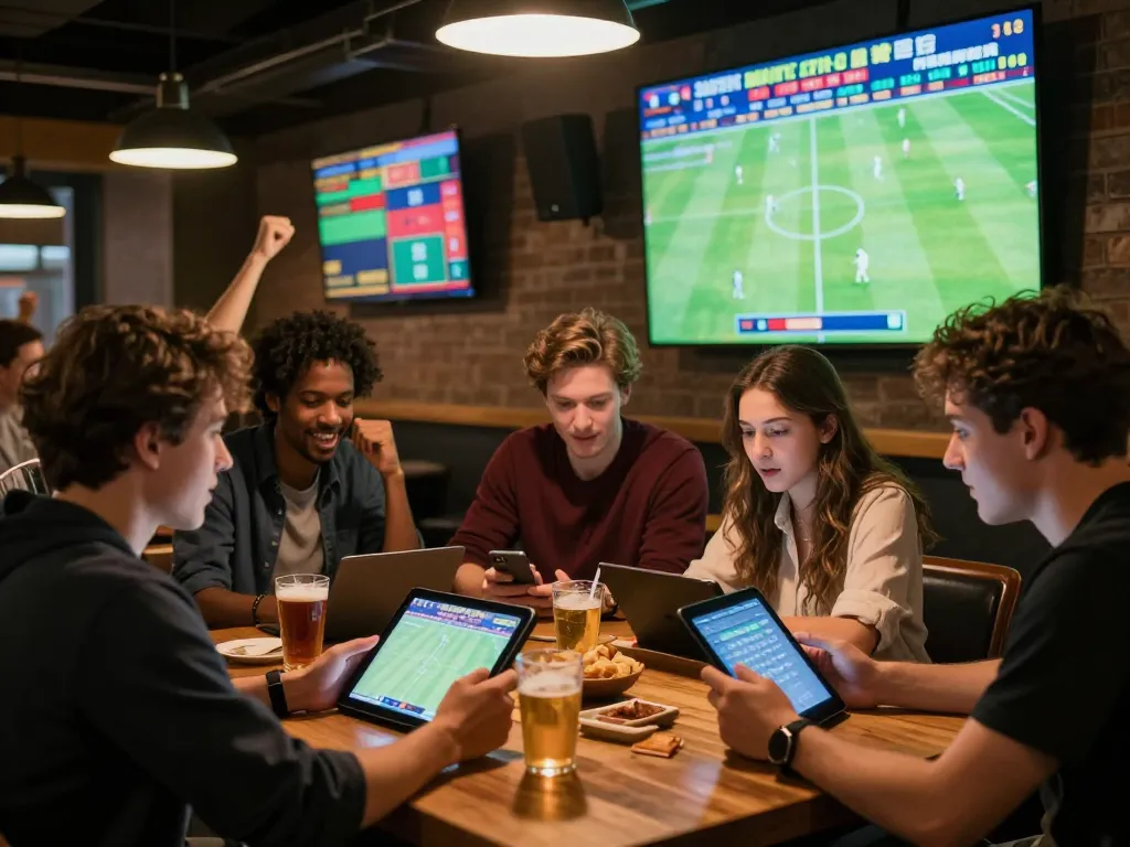 Exciting sports betting scene where friends place cược thể thao during a live football match, showing devices and a vibrant bar atmosphere.