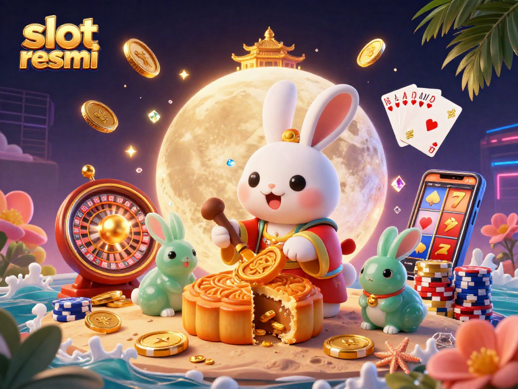 Experience the excitement of slot resmi with golden mooncakes revealing poker chips in this vibrant casino scene.