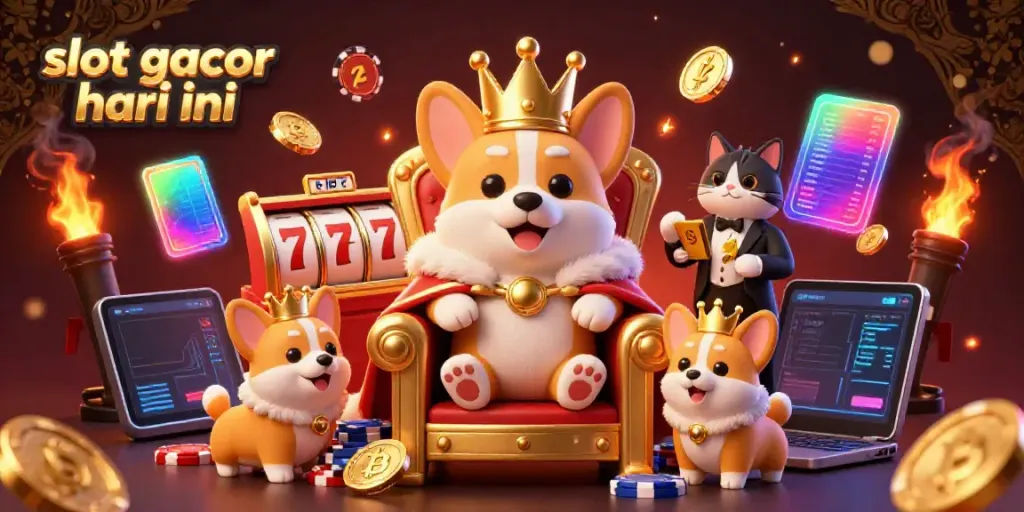 Engage with slot gacor hari ini through an exuberant royal corgi scene highlighted with vibrant gaming elements.