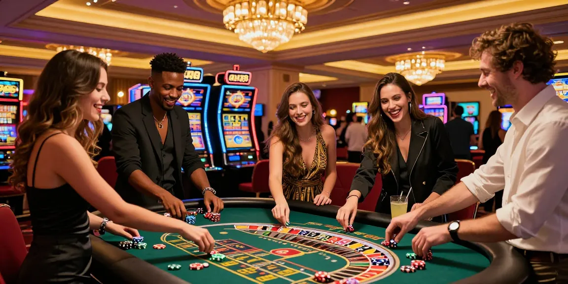 Friends enjoying a thrilling night at casino au88 with roulette and colorful chips.