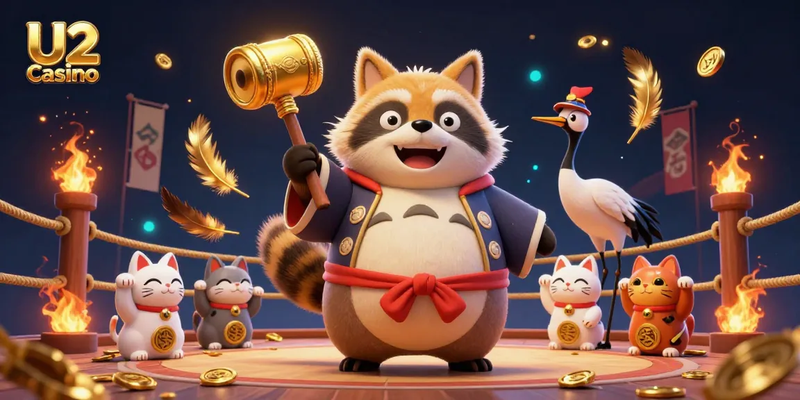 Experience excitement at U2 Casino with a vibrant 3D illustration showcasing lucky tanuki, cranes, and fortune cats.