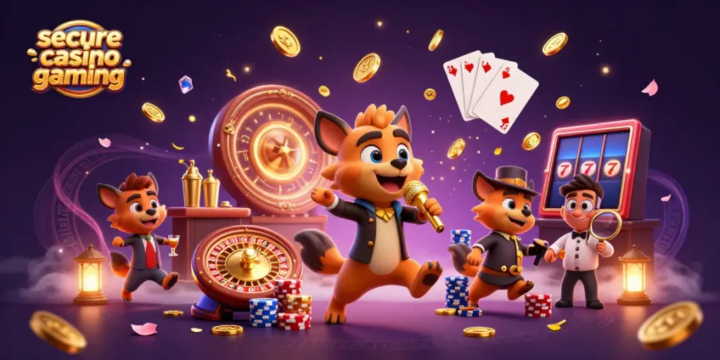 Experience secure casino gaming with 3D hyenas in a vibrant comedy casino club.