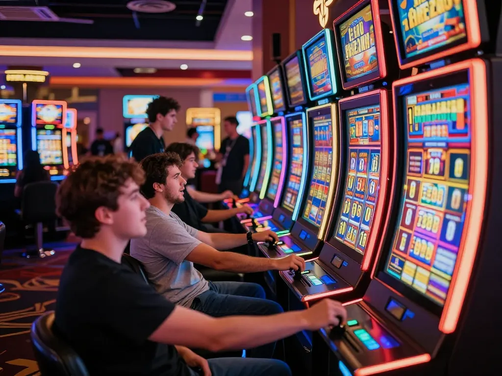 Players enjoying the thrill of Da88 slots in a vibrant casino atmosphere, with reels aligning for big wins.
