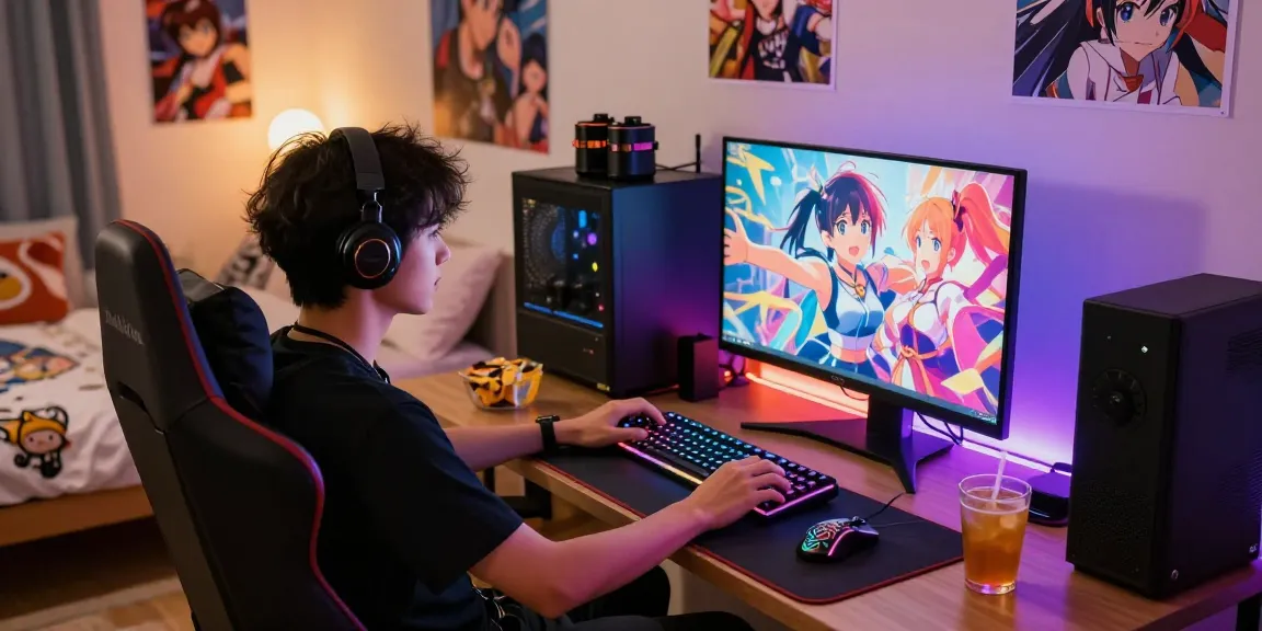 Engaged gamer playing an ecchi game in a vibrant, cozy setting.