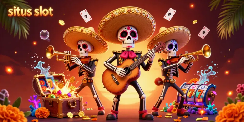 Menyajikan situs slot dengan permainan slot berwarna dan band mariachi, penuh koin emas dan elemen dekoratif.