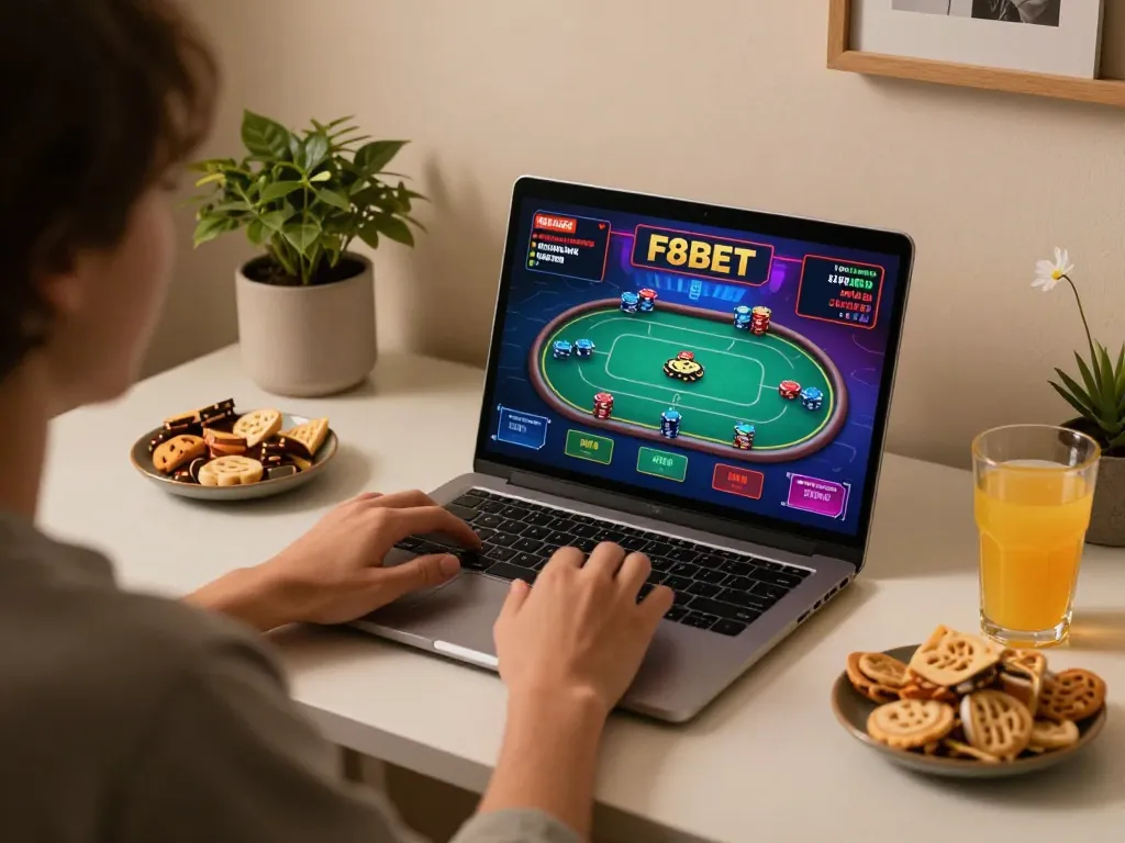Experience intense gaming moments with f8betlv on a laptop, vibrant poker action