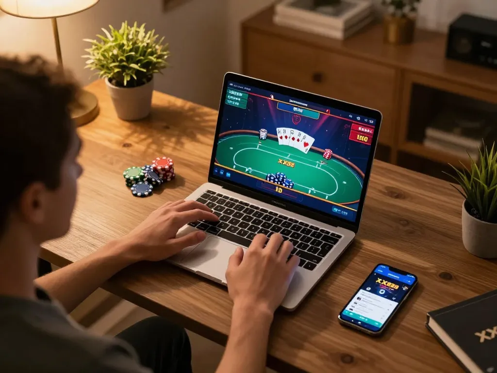 Player engaged in a thrilling game of XX88 on a laptop, showcasing a vibrant poker interface.