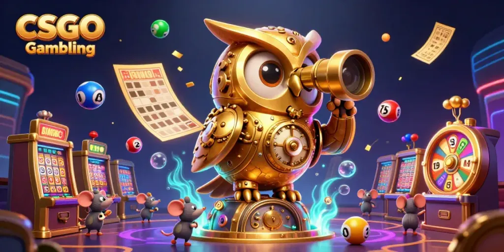 Engaging CSGO Gambling scene with clockwork owl and vibrant lottery elements