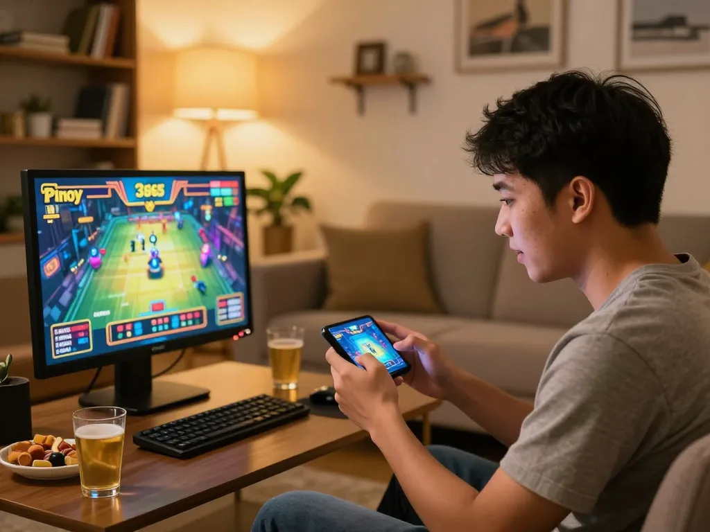 Filipino player enjoying Pinoy 365 online casino app on smartphone in cozy living room setting.