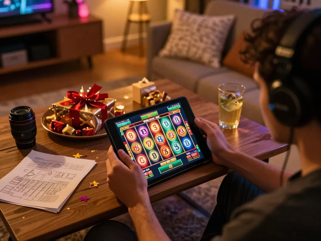 Seorang pemain menikmati permainan slot di tablet mereka selama pertemuan intim, menjelajahi opsi permainan aman788.