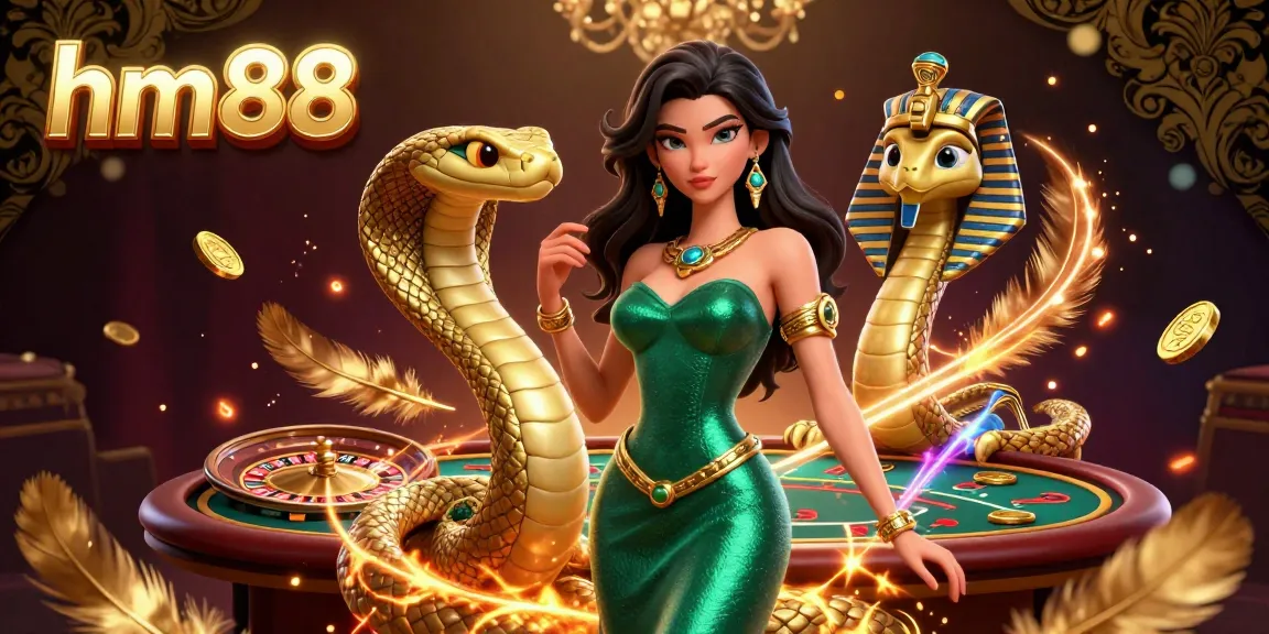 Experience thrilling gameplay at hm88 with a stunning woman in emerald green and a golden cobra amidst casino elements.