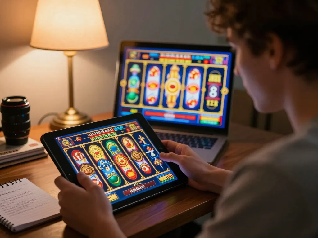 N188 player enjoys online slot game on tablet, showcasing responsible gaming in cozy home setting