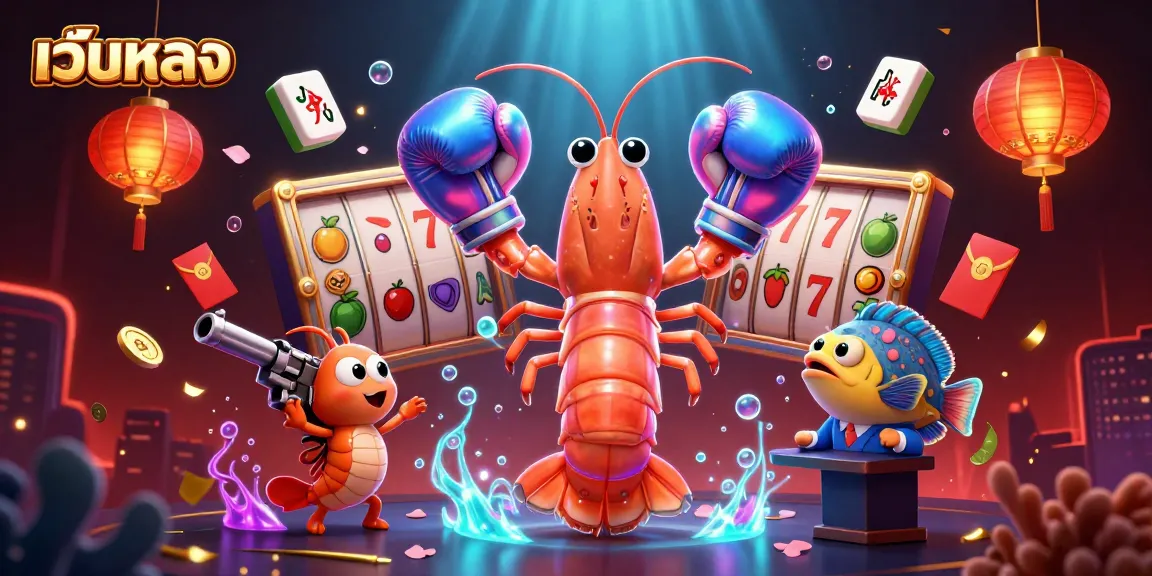Engage with เว็บตรง featuring vibrant slot elements alongside playful cartoon sea creatures in a lively casino scene.